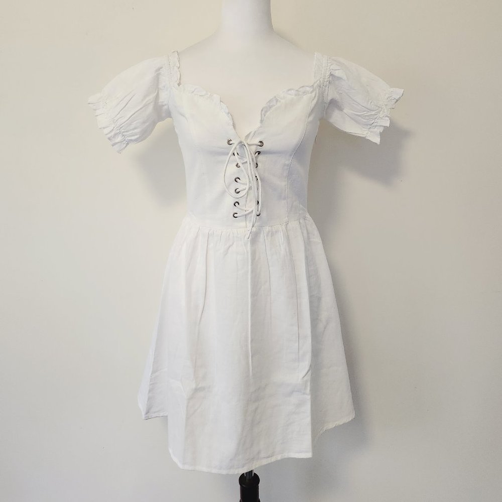 White Puff Sleeve Lace Up Milkmaid Puff Sleeve Sweetheart Skater Dress Cotton - Picture 4 of 15